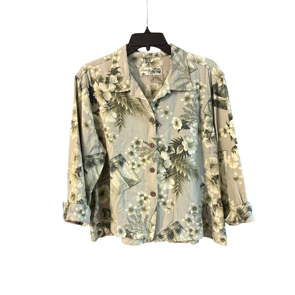 Havana Jacks Cafe Tropical Floral Postcard Print Button Up Shirt XL Sage Grey